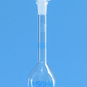 Check flasks, DAkkS calibrated, boro 3.3, class A, with 3 marks, blue graduations