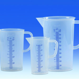 Graduated jugs, PP, moulded, blue graduations