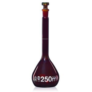 Volumetric flasks, boro 3.3, class A, amber glass, with glass stopper, incl. USP individual certificate