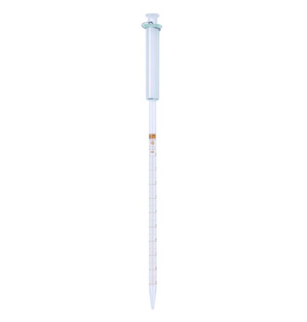 Graduated pipettes with piston, Soda-lime glass, amber stain graduation