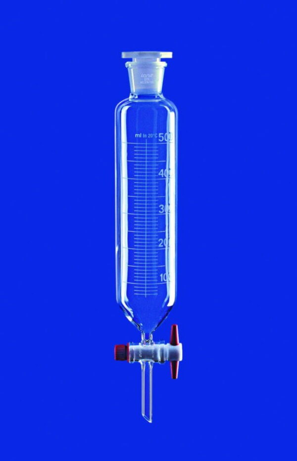 Separating funnels, cylindrical, with PTFE key, borosilicate glass 3.3