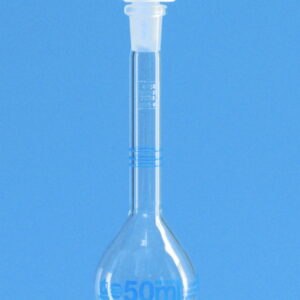 Check flasks, DAkkS calibrated, boro 3.3, class A, with 3 marks, blue graduations