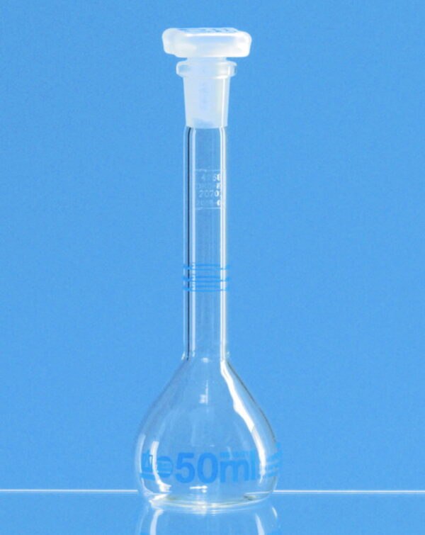 Check flasks, DAkkS calibrated, boro 3.3, class A, with 3 marks, blue graduations