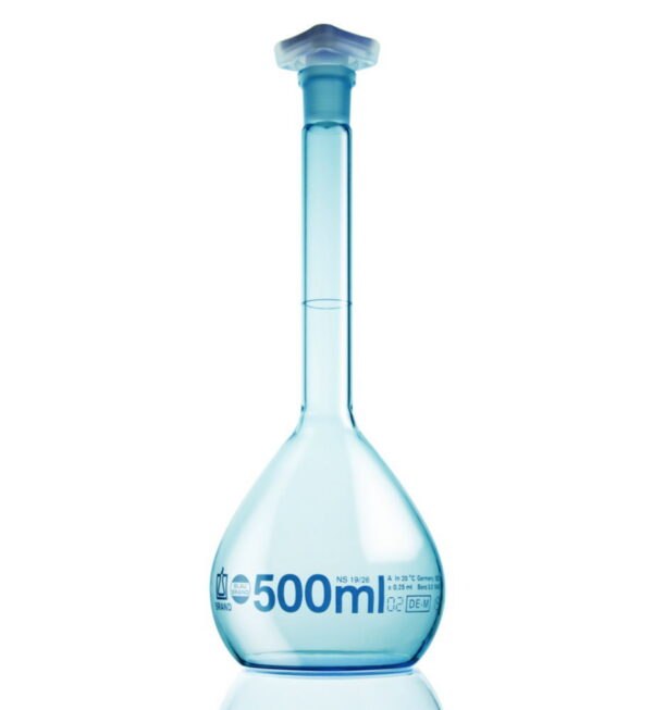 Volumetric flasks, boro 3.3, class A, PUR coated, blue graduations
