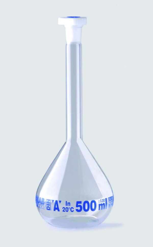 Volumetric flasks, borosilicate glass 3.3, class A, blue graduated, with PE stoppers