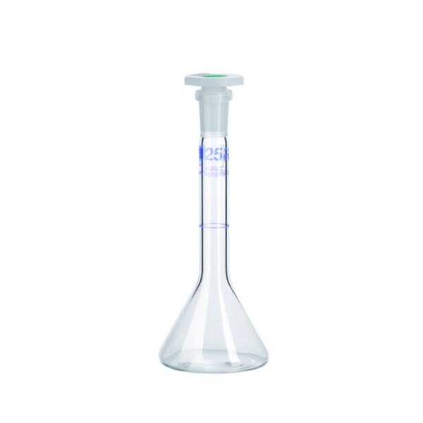 Volumetric trapezoidal flasks, DURAN®, class A, blue graduation, with PE stopper