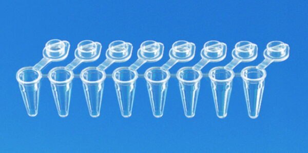 PCR tubes strips, PP, with attached single caps, 1 ridge