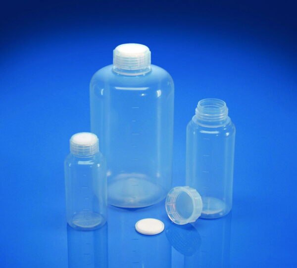 Wide-mouth bottles with cap, graduated, PFA