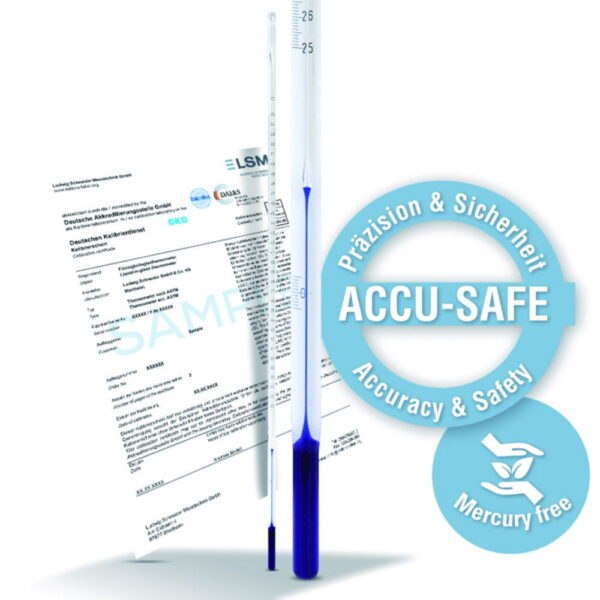 Precision thermometer ACCU-SAFE, similar ASTM, Celsius scale, stem type, with DAkkS calibration certificate