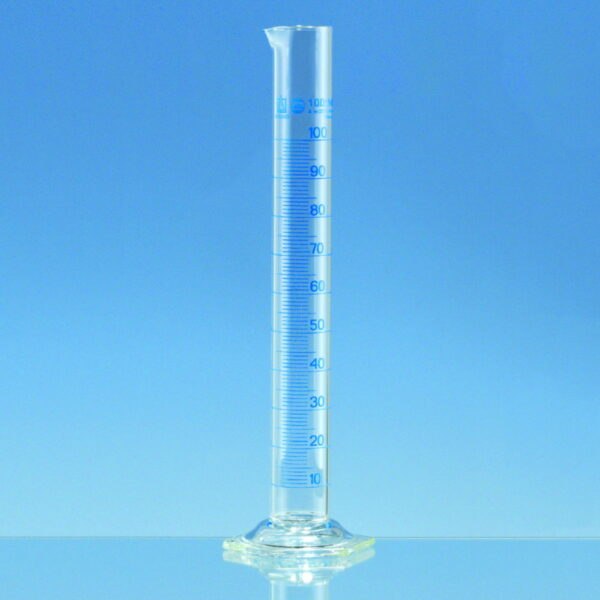 Measuring cylinders, boro 3.3, tall form, class A, blue graduations, with individual certificate