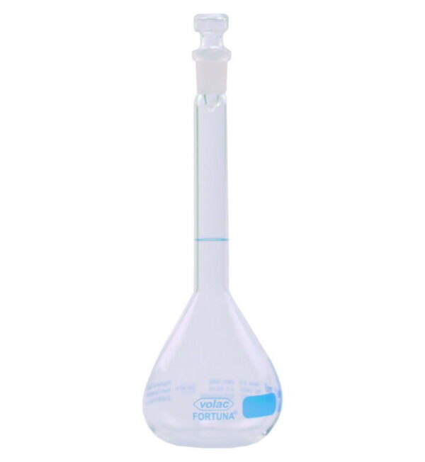 Volumetric Flasks Volac FORTUNA®, boro 3.3, class A, with glass stoppers, blue graduation