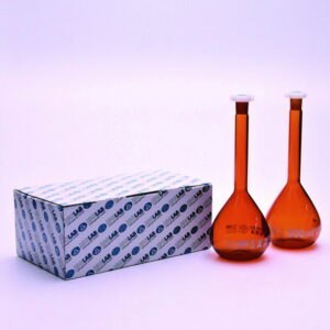 Volumetric flasks, borosilicate glass 3.3, class A, with PE stoppers, coated, amber