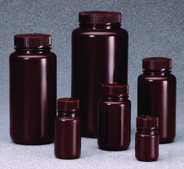 Wide-mouth bottle Nalgene™ Economy, HDPE, with screw cap, PP, brown