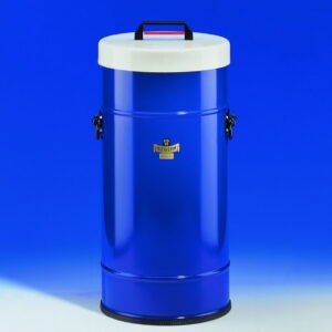Dewar flasks, cylindrical, metal container with side grips