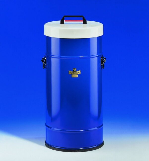 Dewar flasks, cylindrical, metal container with side grips