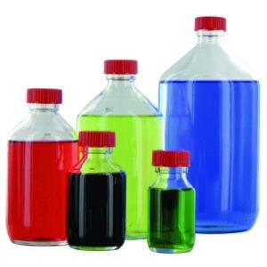 Narrow-mouth bottles, glass, clear, PTFE-lined screw caps