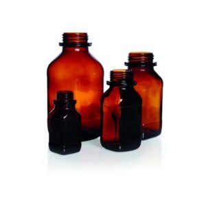 Square, screw cap bottles, soda-lime glass, amber glass