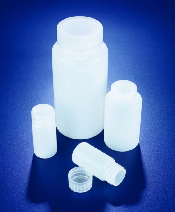 Wide-mouth bottles, HDPE, with screw cap, PP