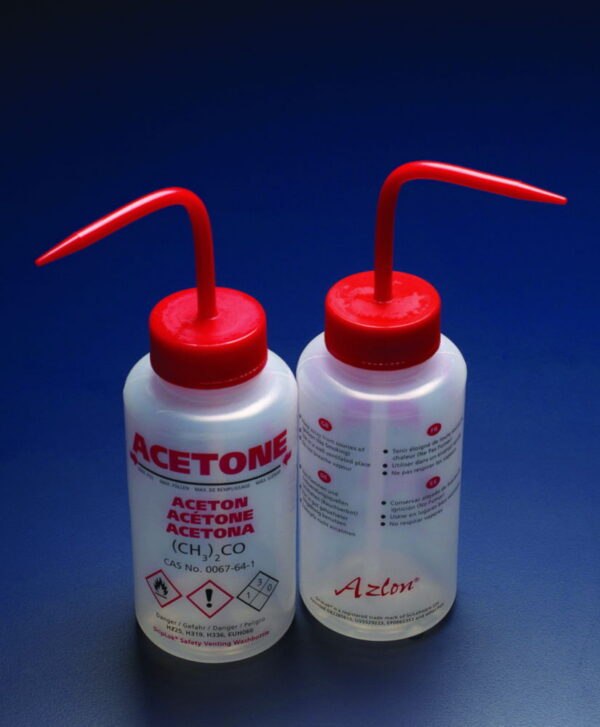 Safety venting wash bottles DripLok®, printed, wide mouth, LDPE