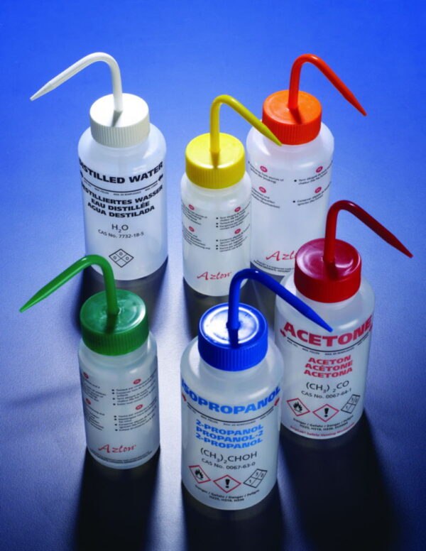 Safety venting wash bottles, printed, wide-mouth, LDPE