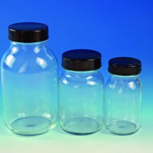 Wide neck bottles, clear glass, with screw cap, plastic