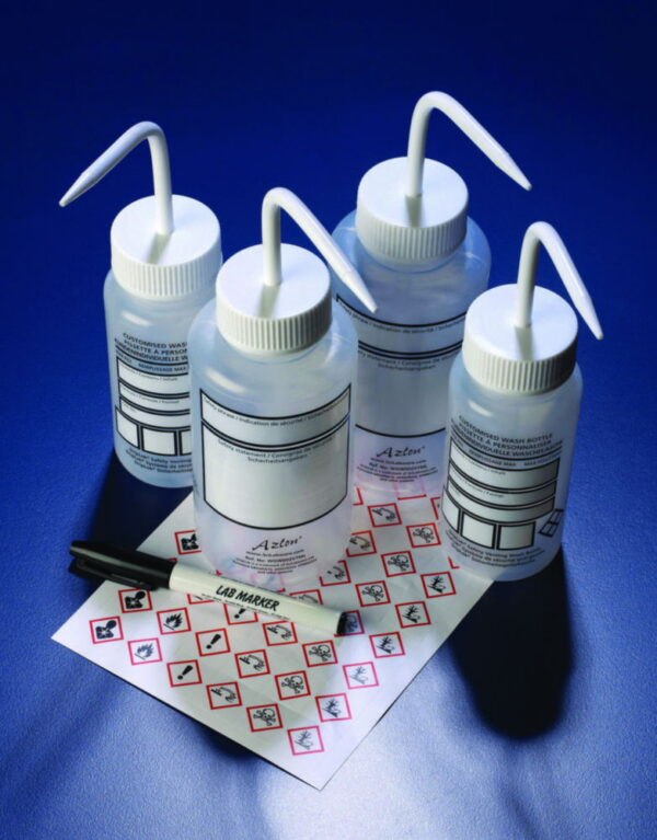 Safety wash bottles with blank write-on-panel, LDPE