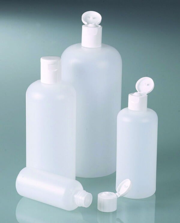 Round bottles, HDPE, with snap closure, PP