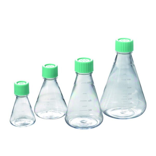 Erlenmeyer flasks, PC, sterile, with plain bottom and vent cap