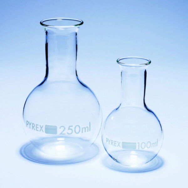 Boiling flasks, flat bottom, narrow neck, Pyrex®